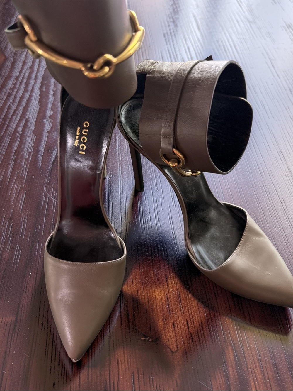 Gucci Taupe Leather Pointed Toe Ankle-Strap Stiletto Heels - Picture 5 of 11